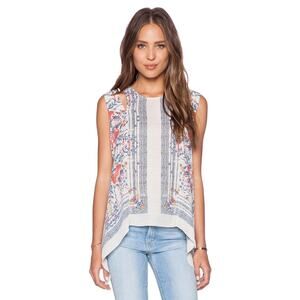 BCBGMaxAzria Abstract Floral Calin Shoulder Cutout Handkerchief Hem Top Size XXS